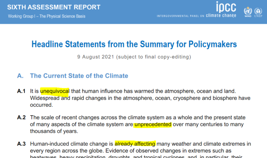 A screenshot of the 'Headline Statements from the Summary for Policymakers' document, with the words 'unequivocal', 'unprecedented' and 'already affecting' highlighted.